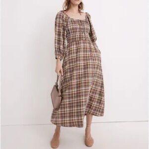Madewell Sophia Plaid fall Dress in Brown and Cream size small